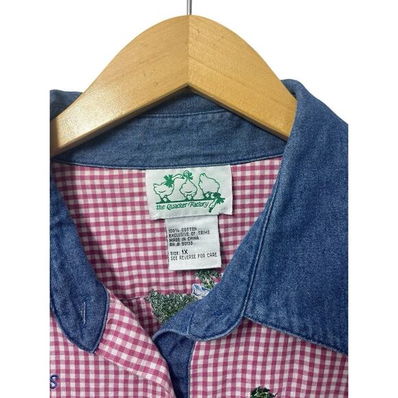 Quacker Factory Rose Red Gingham Button Shirt Denim Plants 1X Spring Top Checks - Picture 3 of 8